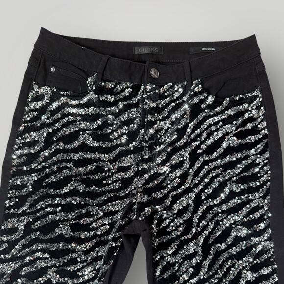 GUESS 1981 High Waist Skinny Jean Black Glam Tiger Silver Sequins. Size 30 - Picture 3 of 8